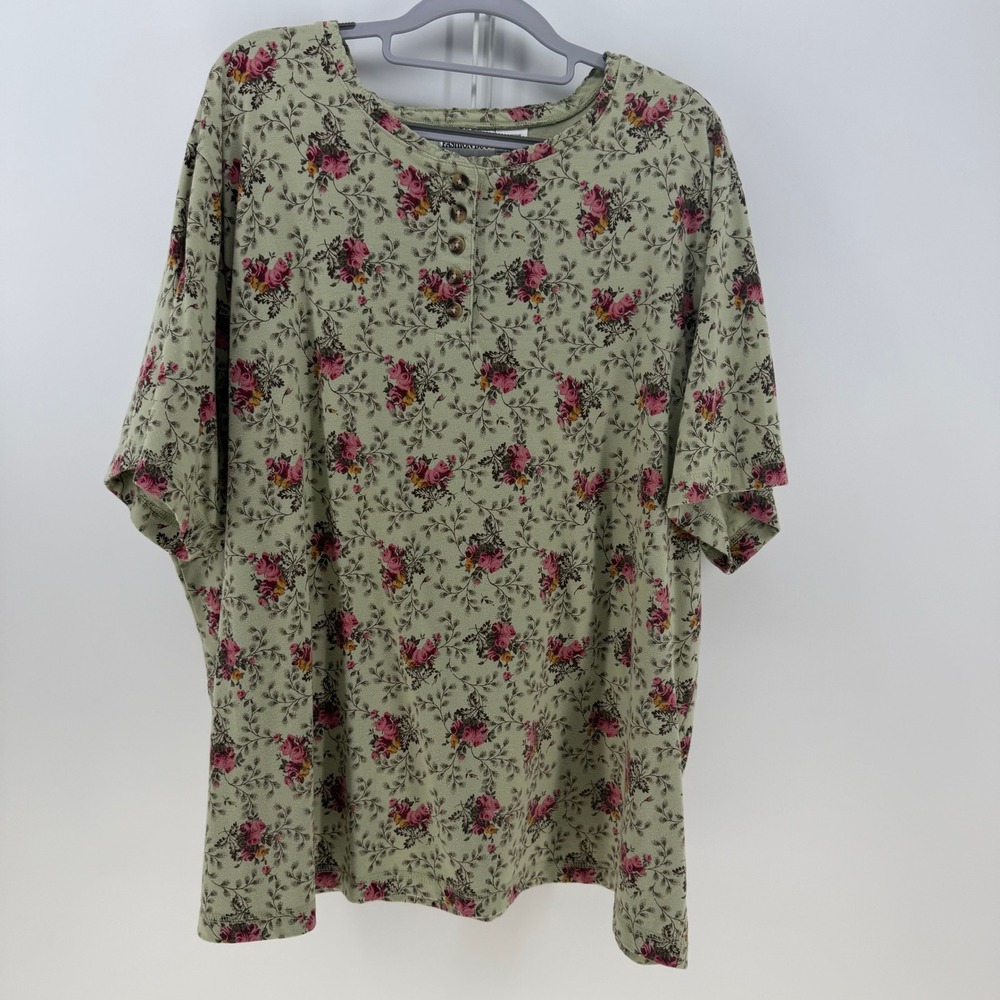 Fashion Bug Henley Womens 26/28W Green Floral Short Sleeve Vintage Cottagecore
